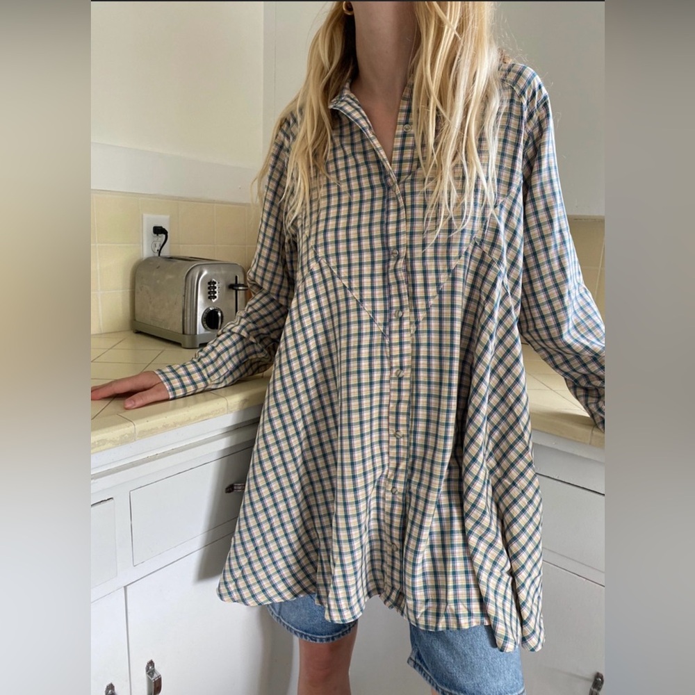 BDG Green and Cream Plaid Long Sleeve Button Up Tunic/Shirt Dress Size Small